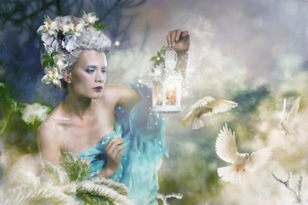 A touch of spring - flower, winter, bird, spring, girl, blue, inertiarose, white, fantasy, pasare, luminos