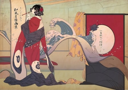 :-) - manga, anime, geisha, red, girl, kimono, asian