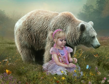 True Friendship - child, animal, bear, grass