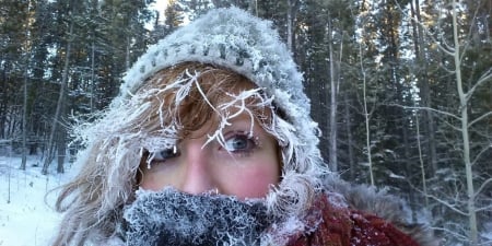 Baby It's Cold Outside - ice, outside, trees, hat, hair, freeze, scarf