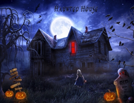 HAUNTED HOUSE - moon, pumpkins, trees, girl, haunted, house, spooky