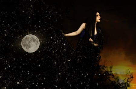 LADY NIGHT - moon, stars, female, night, dress