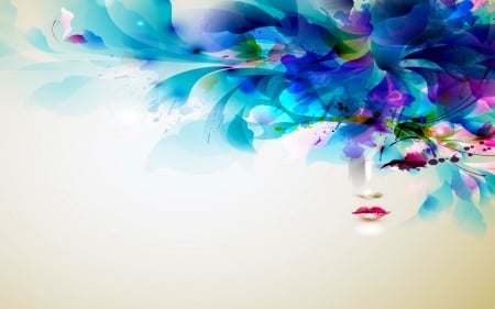 Floral Beauty - pretty, blue, girl, flowers, fantasy, digital, woman, face, art