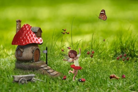 Fairy tales - bee, strawberries, spring, butterflies