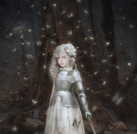 Hope - girl, copil, child, fantasy, armor, white, george redreev, butterfly, silver, luminos, hope, sword, blonde, flower