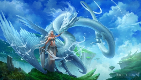 :-) - cloud, sandara, fantasy, dragon, luminos, girl, blue