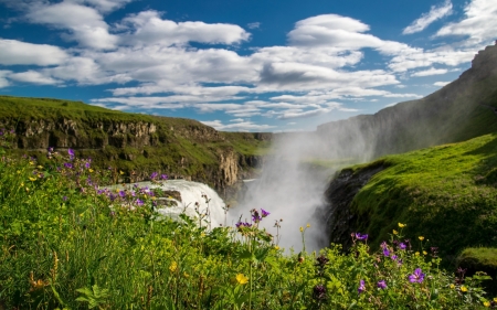 Waterfall in Iceland - iceland, clouds, flowers, waterfall, splash