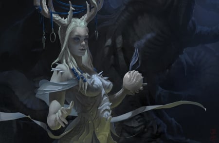 Dragon Lady - fantasy, white, hand, dragon, fariba khamseh, dark, luminos, horns