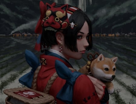 Chinese zodiac - Dog - chinese zodiac, girl, dog, fantasy, red, caine, guweiz, asian, art, luminos