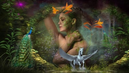 Fantasy - paun, bird, girl, flower, pasari, fantasy, peacock, wings, luminos, pegas