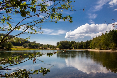 mountain lake - clouds, lake, green, sky