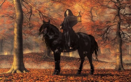 The Lady of Halloween - forest, halloween, brown, lantern, enchanting, fantasy, hirse, lady, trees, autumn