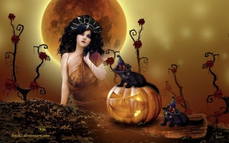 Amazing Halloween - roses, pretty, black cat, moon, halloween, fantasy lady, pumpkin, autumn