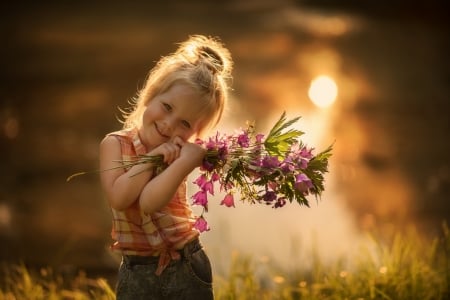 Little Girl - flowers, girl, smita, sunset