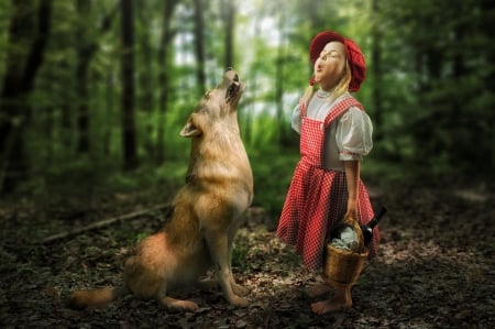 Little Girl - cap, wolf, forest, girl