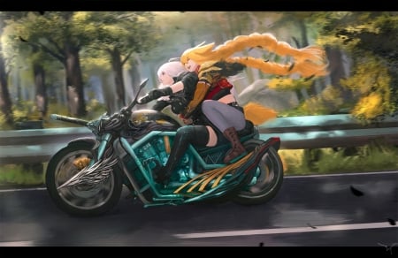 :-) - girl, anime, orange, x trident, motorcycle, wind, manga