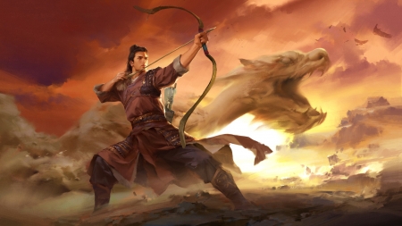 Archer - zhang lu, fantasy, dragon, archer, man, art, luminos