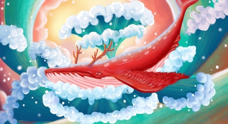 Red whale - whale, water, blue, sea, horns, fantasy, red, art, wave, luminos