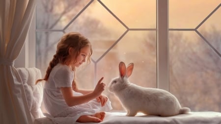 Cute Little Girl - mood, rabbit, girl, window