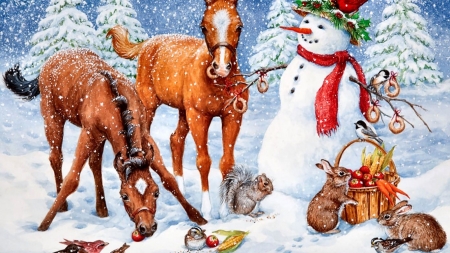 horses-avian-snow-painting-horse-equine-wildlife-winter-songbirds-birds-treats-rabbits-art-artwork-squirrels-snowman-animal - deutschland, hasen, schnee, pferde, schneemann