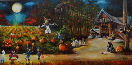 Halloween Night Moon - scarecrow, pumpkins, art, field, cabin, lights