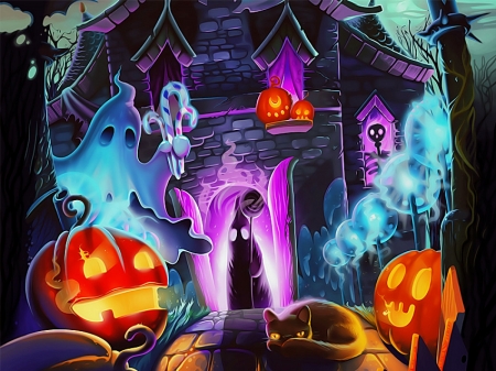 Scary Night - witch, jack o lantern, ghost, pumpkins, lights, art