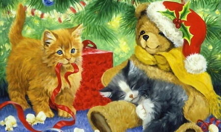 bears-cat-linda-dog-aert-kitten-art-tree-christmas-brown-bear-white-background - katze, deutschland, teddy, geschenk