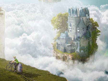 Castle - edge, artur didyk, creative, fantasy, cloud, man, luminos, castle, bycicle