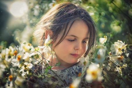 Little girl - girl, john wilhelm, yuna, daffodil, copil, child, flower, spring