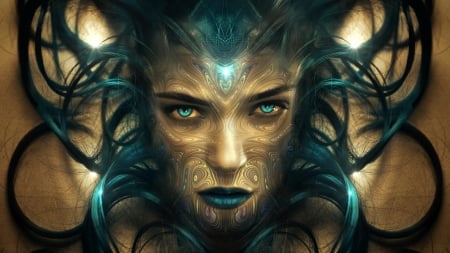 Fantasy girl - face, stefan keller, girl, luminos, eyes, green, golden, fantasy