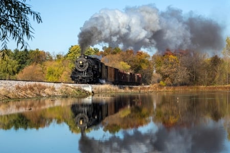 The Soo 1003 Going Through Beaver Dam, Winconsin - train, usa, water, reflection