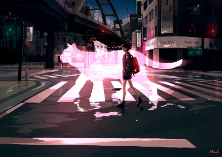 Ghost cat - street, cat, girl, pisici, ghost, pink, maeda mic, city, anime, manga