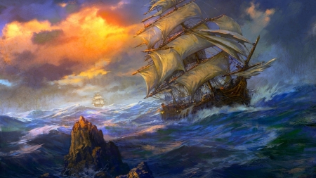 The ship - water, sunset, painting, ship, art, cloud, luminos, pictura, sea