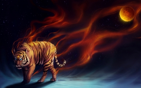 Fantasy tiger - moon, fantasy, fire, red, tigru, tiger, luminos, luna