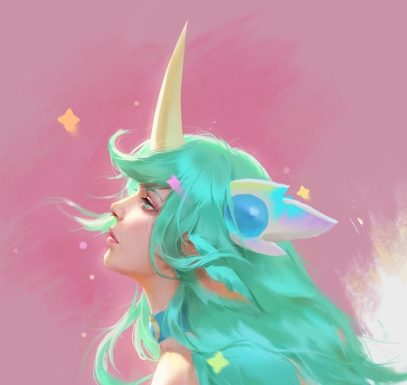 Soraka - ghost hb, girl, pink, frumusete, fantasy, green, soraka, unicorn, luminos