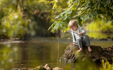 Boy Fishing - boy, river, water, fishing