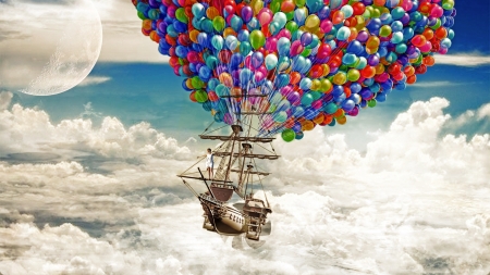 Flying ship - moon, sky, colorful, creative, fantasy, balloons, ship, cloud, luna