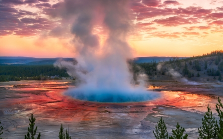 Geyser - clouds, water, landscape, splash, geyser