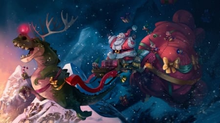 :D - blue, dinosaur, alex mamedes, christmas, santa, fantasy, craciun, funny, red, luminos