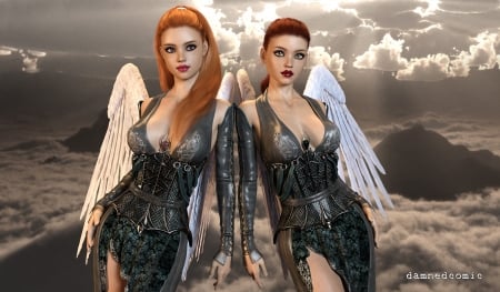 Angels - black, fantasy, white, rendering, wings, angel, couple