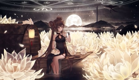 Moonlight - moon, girl, water, bunny, white, windporo, lotus, lily, anime, luna, flower, manga