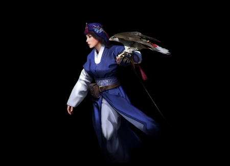 Joseon Dynasty - joseon dynasty, girl, frumusete, black, fantasy, pasare, choong yeol lee, bird, luminos, blue