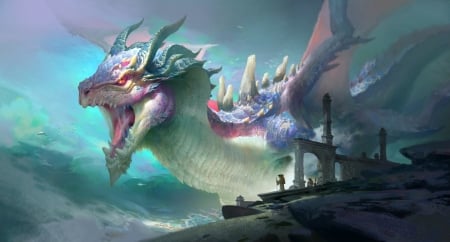 Dragon - fantasy, dragon, blue, green, lun ya, art, pink, luminos