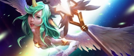 Soraka - soraka, ke xue, girl, frumusete, blue, unicorn, wings, fantasy, luminos