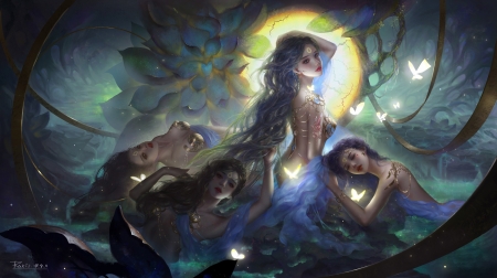 Mermaids - moon, vara, girl, frumusete, summer, fantasy, lotus, art, butterfly, siren, luminos, blue, mermaids, luna, flower, rakii young