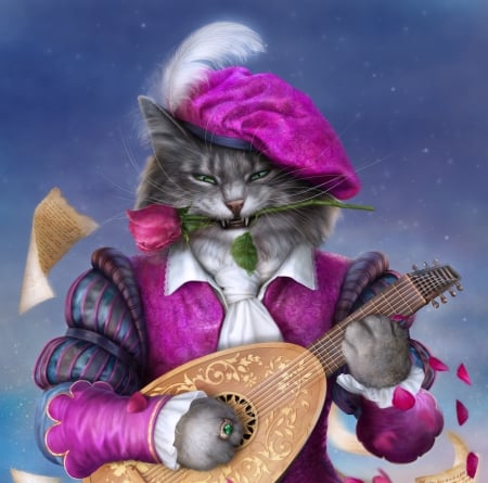 Dandelion - trandafir, hat, guitar, elena roslyakova, rose, fantasy, dandelion, luminos, feather, trubadur, cat, pisici, frumusete, pink, blue, flower, alenaekaterinburg