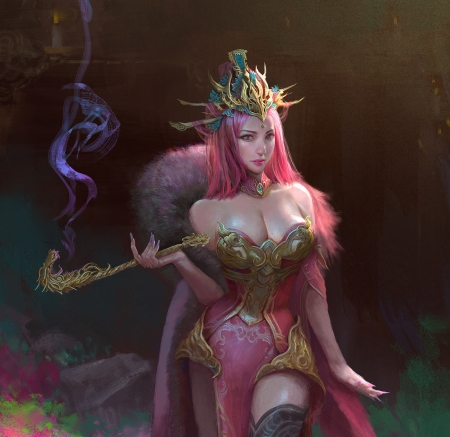 Queen - frumusete, fantasy, queen, girl, zhang y, art, pink, luminos