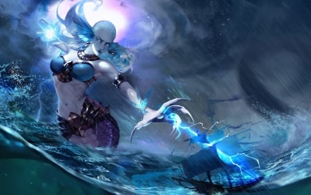 Sea Goddess - rain, water, yanhua hu, ship, blue, goddess, fantasy, storm, mermaid, sea, luminos, waves