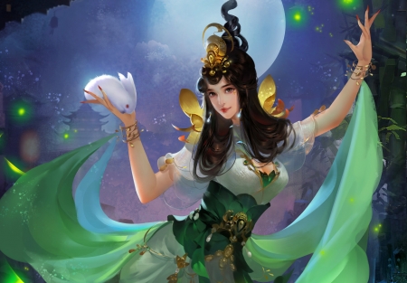 Fantasy girl - moon, girl, frumusete, bunny, fantasy, yanhua hu, luminos, blue, green, luna