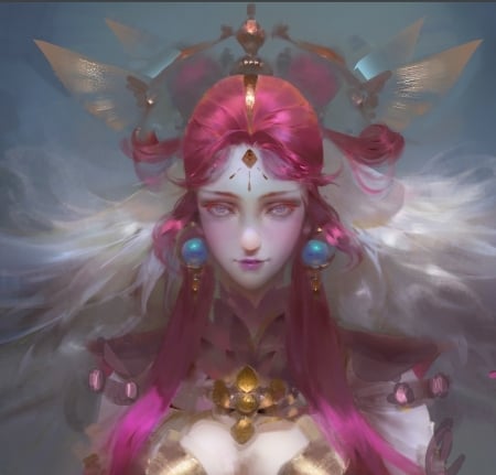 Fantasy girl - face, art, girl, yanhua hu, luminos, pink, jewel, fantasy